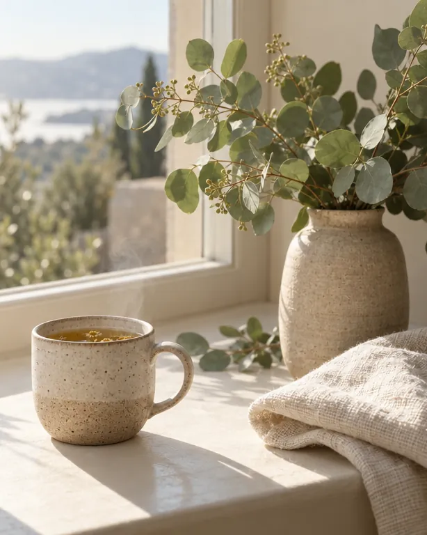 A cup of herbal tea beside fresh eucalyptus in a ceramic vase on a sunny windowsill
