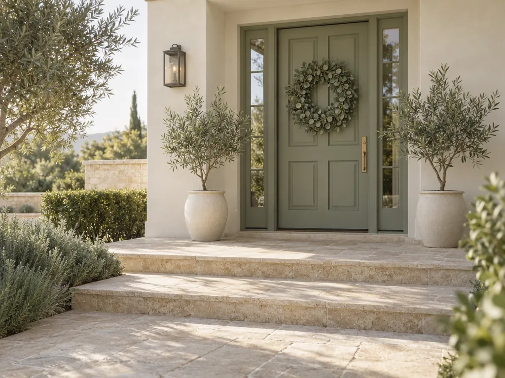 A welcoming sage-green front door with a eucalyptus wreath and potted olive trees