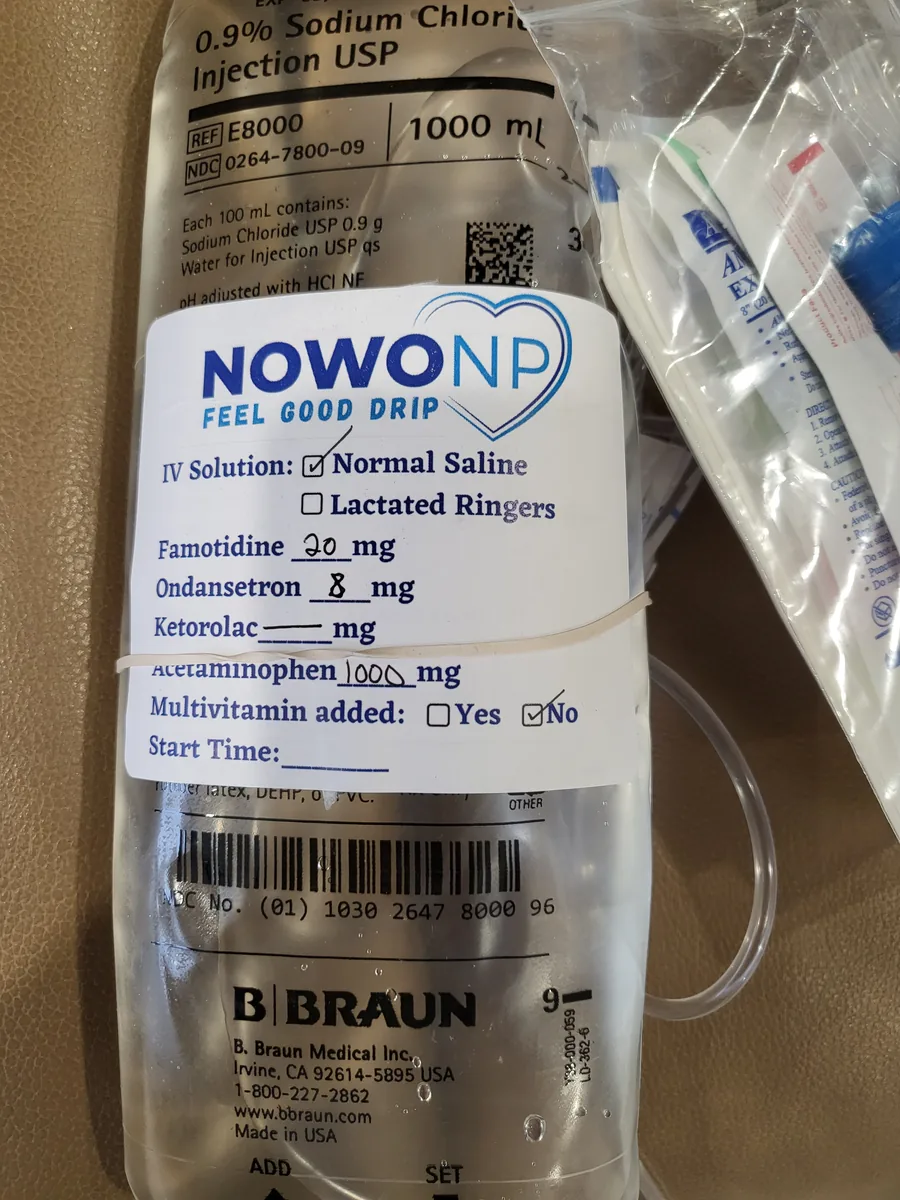 Close-up of a NoWo NP Feel Good Drip bag with its labeled additives